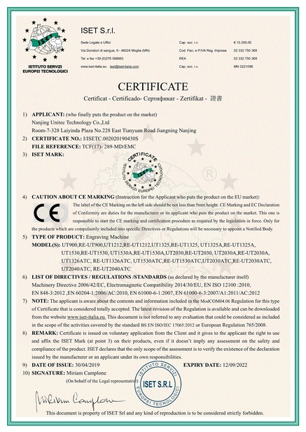 Chiny Nanjing Unitec Technology Co., Ltd. Certyfikaty